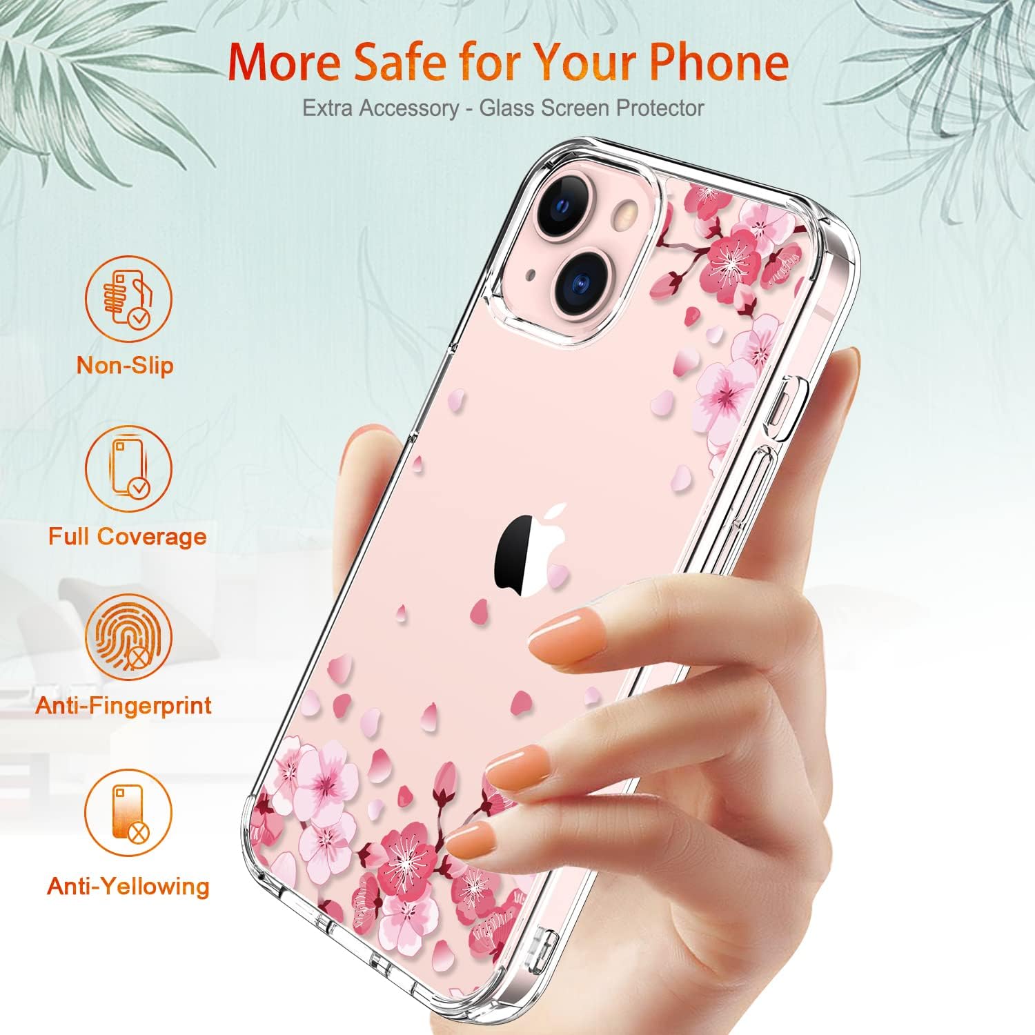 GiiKa for iPhone 13 Case with Screen Protector, Clear Full Body Protective Floral Girls Women Shockproof Hard Case with TPU Bumper Cover Phone Case for iPhone 13, Pink Floral