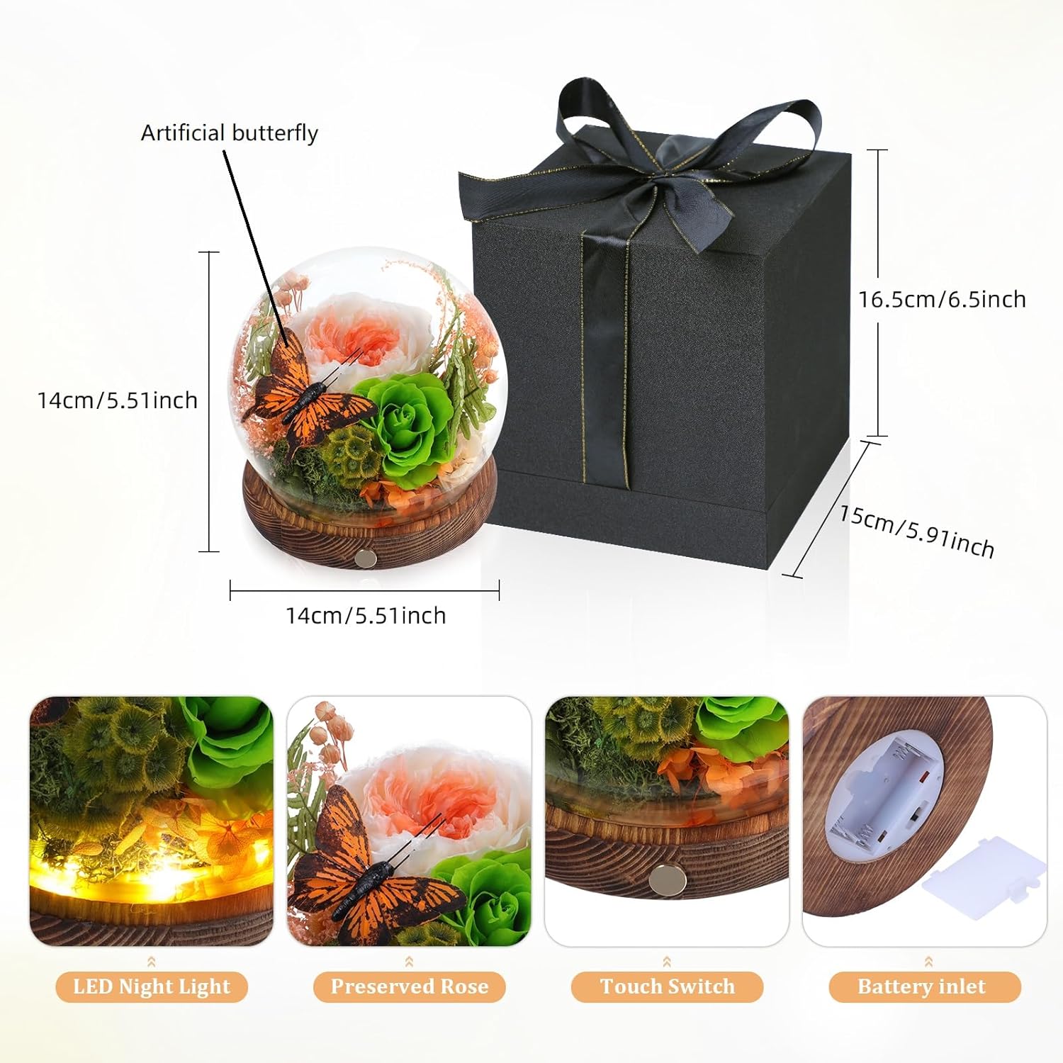 Long-Lasting Real Preserved Flowers in Glass Dome - Unique Starfish or Butterfly Eternal Roses Gift with LED Lights for Women Monther Indoor Decoration, Butterfly and Orange Green Rose