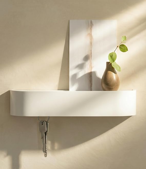 Kazai. Key Holder 'Toke' | Minimalist Key Hook Design from Berlin | Modern Key Holder Wall Mount with Wooden Shelf | Key Rack for Wall as Entryway Organizer | White