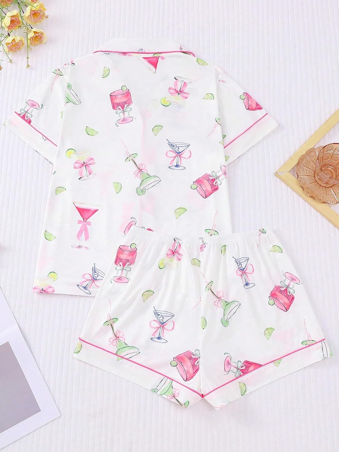 Women's 2 Piece Wine Print Pajama Sets Sleepwear Short Sleeve Wineglass Nightwear Soft Pjs Lounge Sets - Image 2