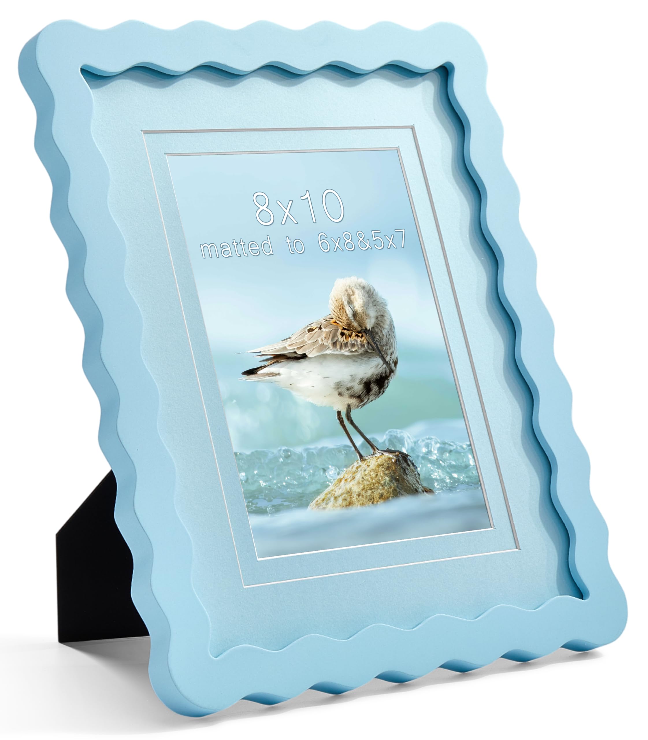 20,3 x 25,4 cm blauer Bilderrahmen mit Passepartout für 12,7 x 10,2 x 20,3 cm, gebogener Wellenkante, Deko, Holz, Echtglas, vertikale oder horizontale Ausstellung, Fotogalerie, Wand- und