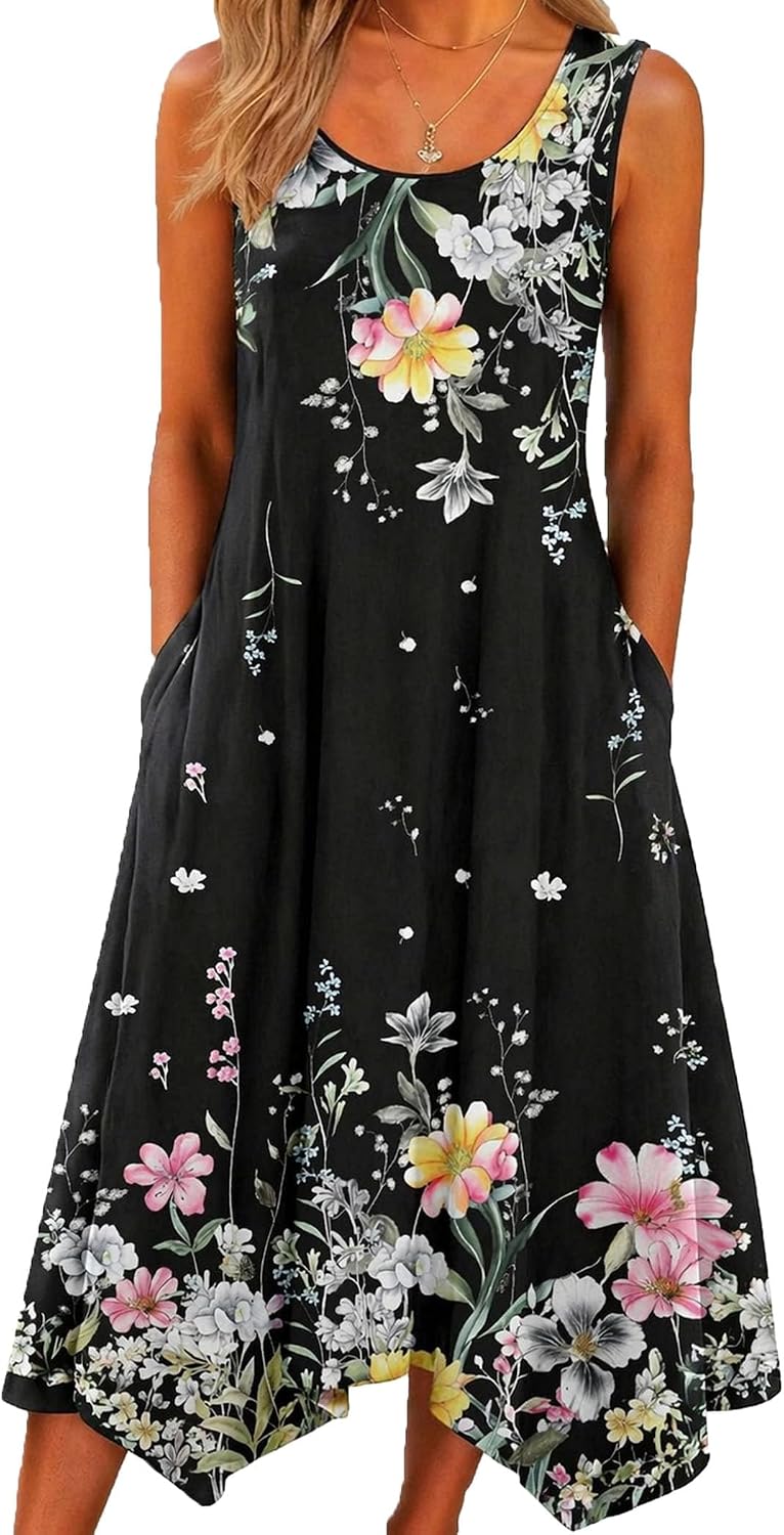 HOTOUCH Women's Casual Summer Dress Sleeveless Sundress Hankerchief Hem Midi Tank Dresses Beach Dress with Pockets