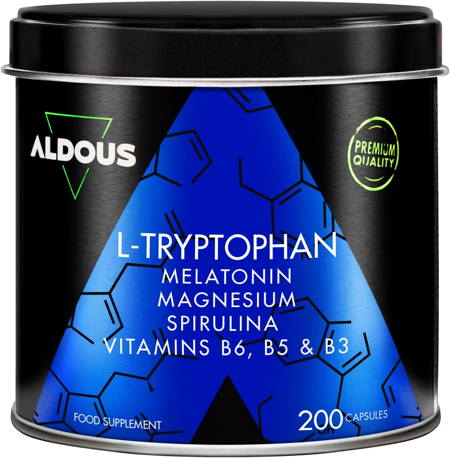 ALDOUS 200 Tryptophan Capsules 600 mg + Melatonin and Magnesium + Vitamins B6, B5, B3 + Spirulina – Highly Dosed for a Restorative Sleep – 1.78mg Melatonin – L-Tryptophan for Good Sleep – ALDOUS