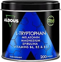 200 Gélules Tryptophane 600mg + Mélatonine et Magnésium + Vitamines B6, B5, B3 + Spiruline - Hautement Dosé pour un Sommeil Réparateur - 1,78mg de Mélatonine - L-Tryptophane Pour Bien Dormir - ALDOUS