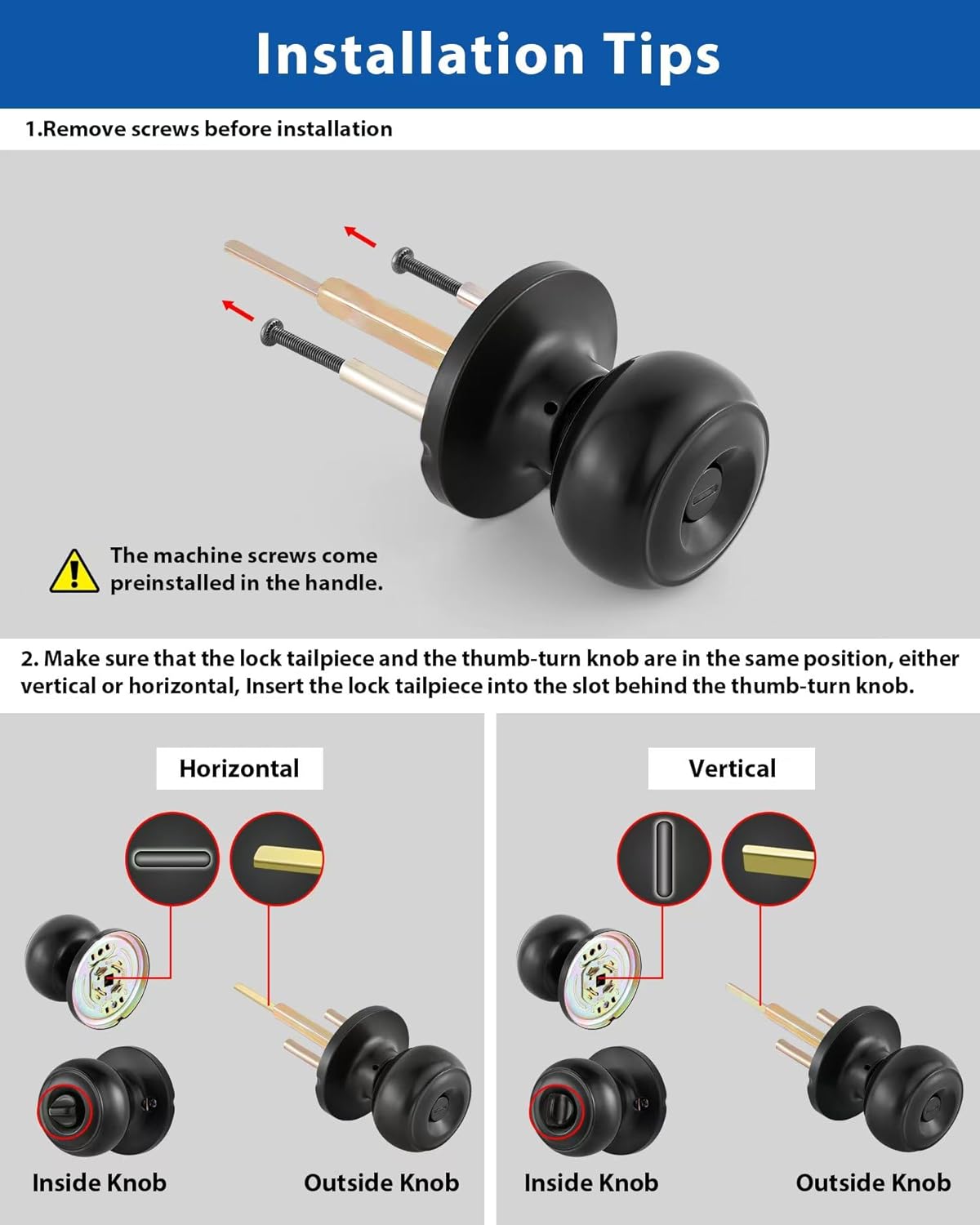 Lanwandeng 2 Pack Interior Door Knobs for Bedroom or Bathroom Keyless, Black Privacy Door Knob, Round Ball Bath/Bed Door Locks