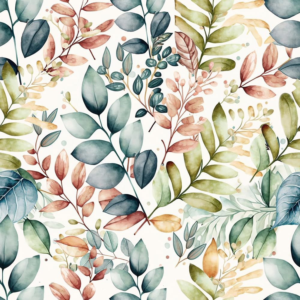 Colorful Leaf Green/Teal/Grass/Brown Botanical Peel and Stick Wallpaper Easy Peel Off Contact Paper Stick on Adhesive Wall Paper for Bathroom Waterproof Renter Friendly