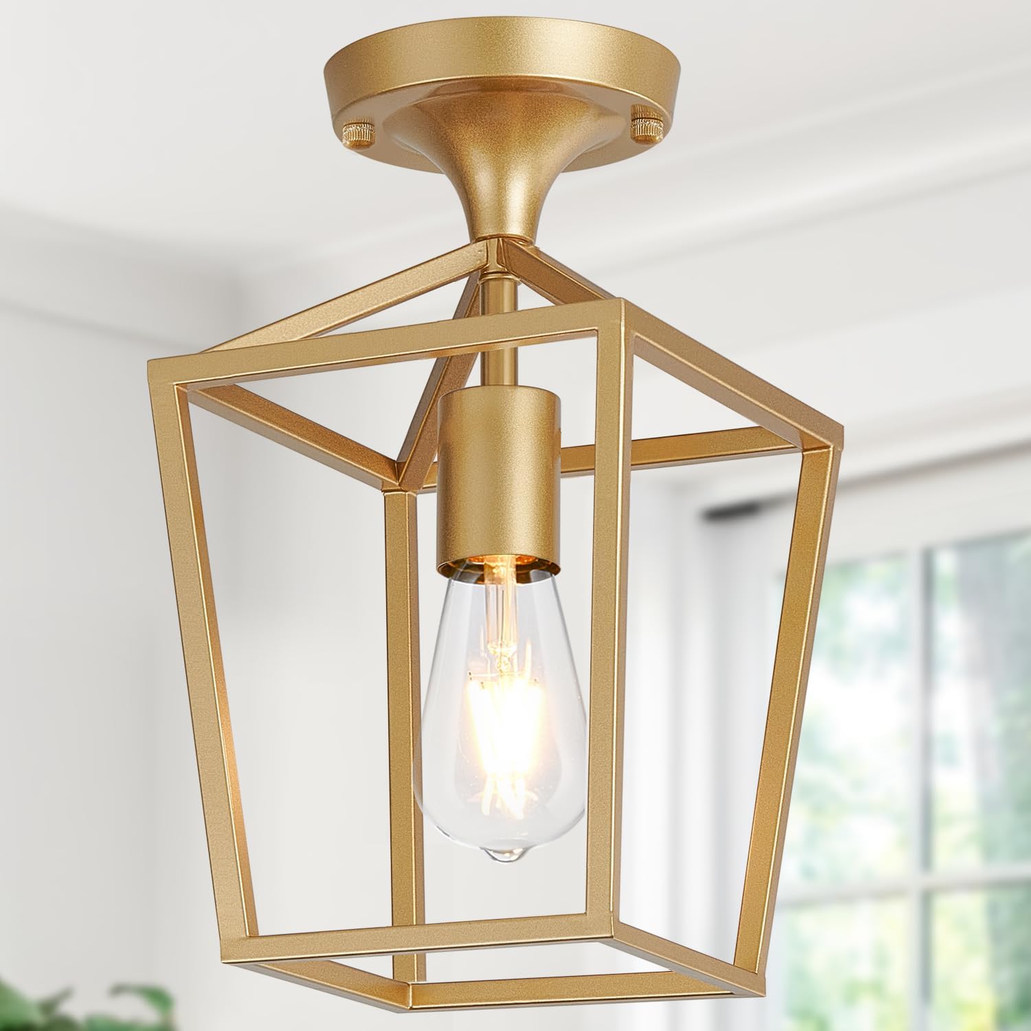 【Upgraded】Semi Flush Mount Ceiling Light,Gold Industrial Ceiling Light Fixtures, Farmhouse Light Fixture for Hallway Stairway Garage Living Room Dining Room Balcony（Not waterproof, Not for Outdoor）
