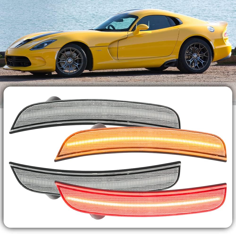 4pcs Full LED Front Rear Side Marker Lights Assembly for Dodge Viper 2013 2014 2015 2016 2017 Clear Lens Sidemarker Lamps Reflectors Replace OEM Sidemarker Lights