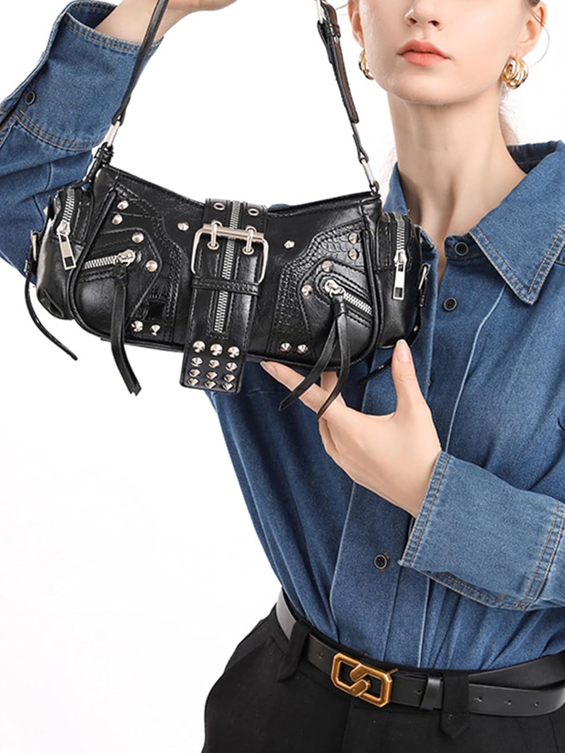 Women's Retro PU Leather Underarm Bags Y2k Buckle Shoulder Bag Punk Handbag Clutch Purse - Image 2