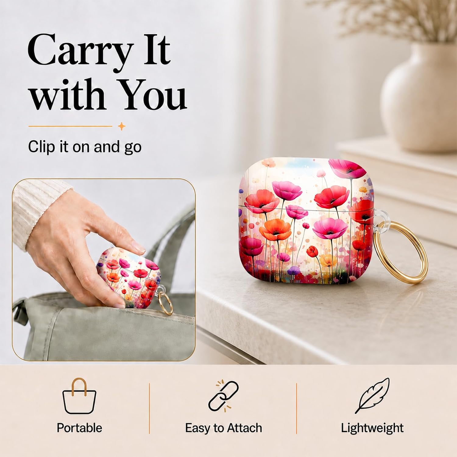 Compatible with AirPod 4 Case 2024, Cute Hard Plastic Protective Cover for Airpod 4th Generation Women, Shockproof Shell Skin with Gold Ring Keychain,Poppy Flowers Colorful Abstract Art image 4