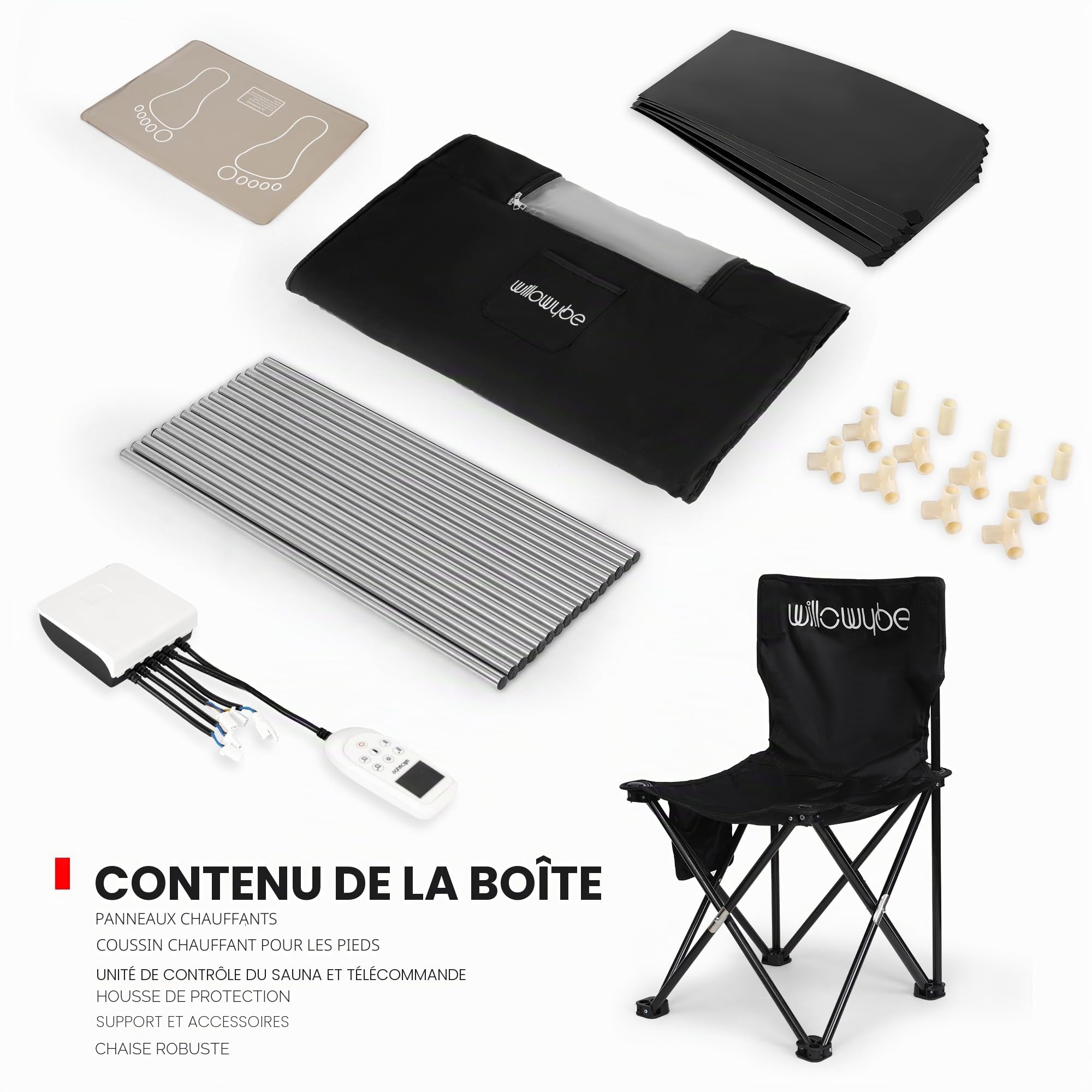 WILLOWYBE Sauna Infrarouge Portable avec 6 Plaques Chauffantes, Coussin Chauffant Pieds et Lumière LED