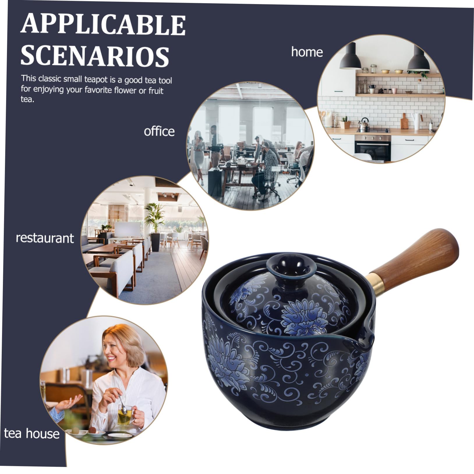 Tetera Giratoria China de Cerámica Asa Lateral 290 Ml | Color Azul Marino, Tapa de Madera, Diseño de Rotación 360 Grados, Uso en Mesa de Oficina y Escritorio