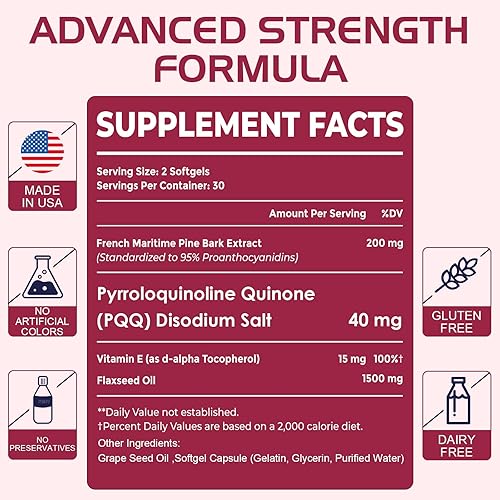 Miniatura 7 de Vigorizar Extracto de corteza de pino marítimo francés de 200 mg, doble entrega única para máxima absorción, Pycnogeno prémium con PQQ para función