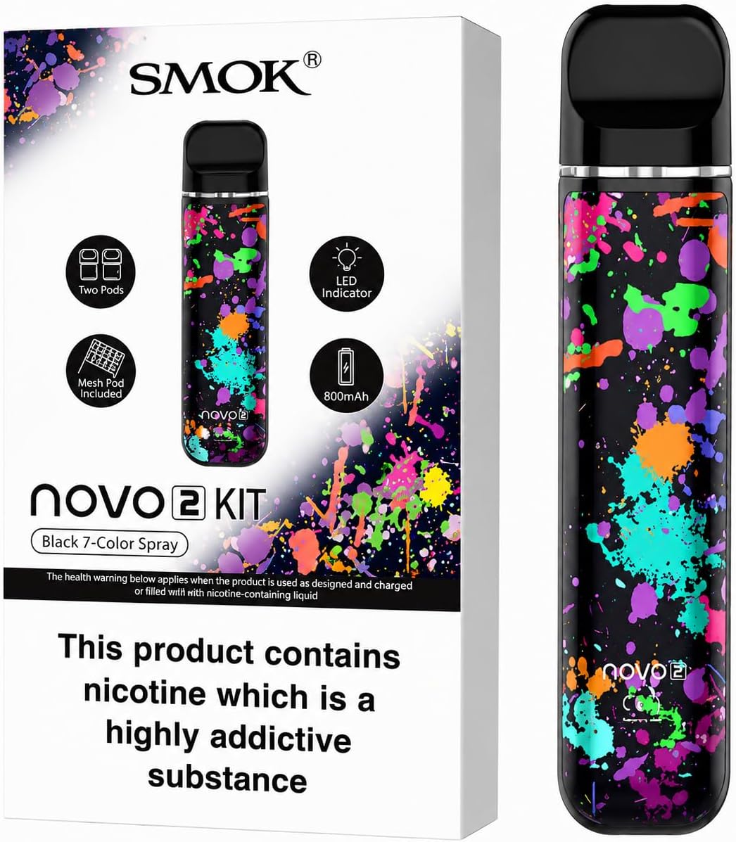 SMOK Novo 2 Pod Starter Kit [Black 7 Colour Spray] | Auto-Draw Activation, LED Battery Indicator, 2 x Refillable Pods (Novo 2 Mesh 1.0Ω & Novo 2 DC 1.4Ω MTL), No Nicotine