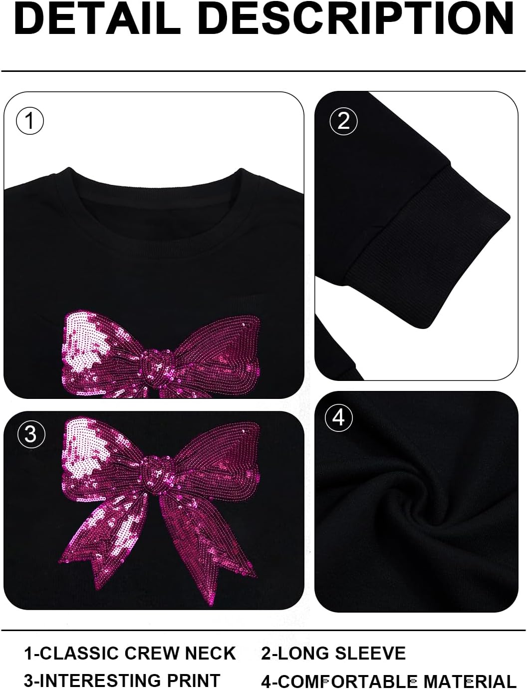 FASHGL Pink Bow Sweatshirt Womens - Sequins Coquette Sweater Casual Round Neck Pullover Sweatshirts Long Sleeve Tops - Image 7