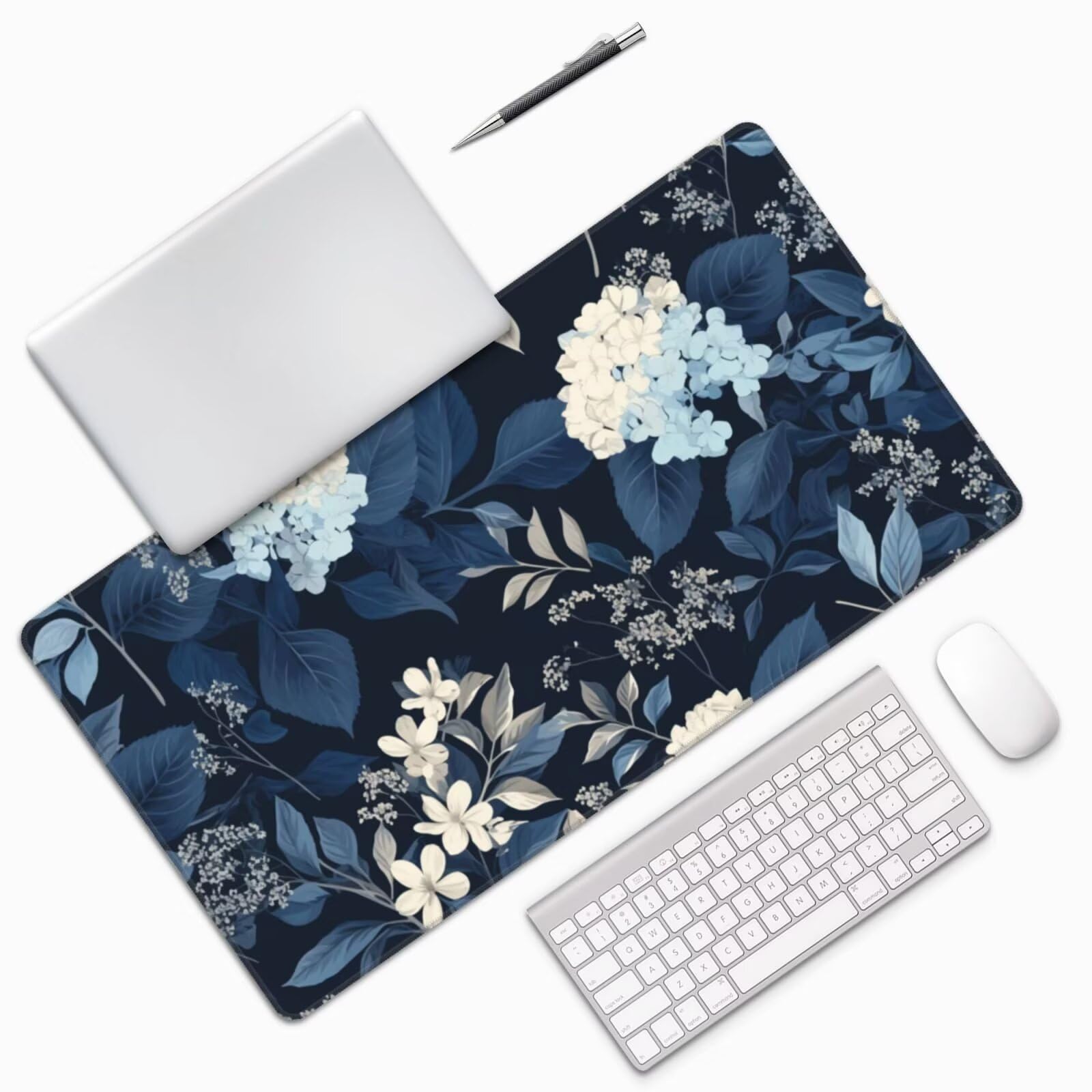 Gaming Mauspad XXL 1200x600x3mm Mousepad Verlängertes Groß Mauspad Schreibtischauflage,Genähte Kanten rutschfeste Gummibasis,Verbessert Präzision Geschwindigkeit Office Blumen Blaue Blätter L-2706