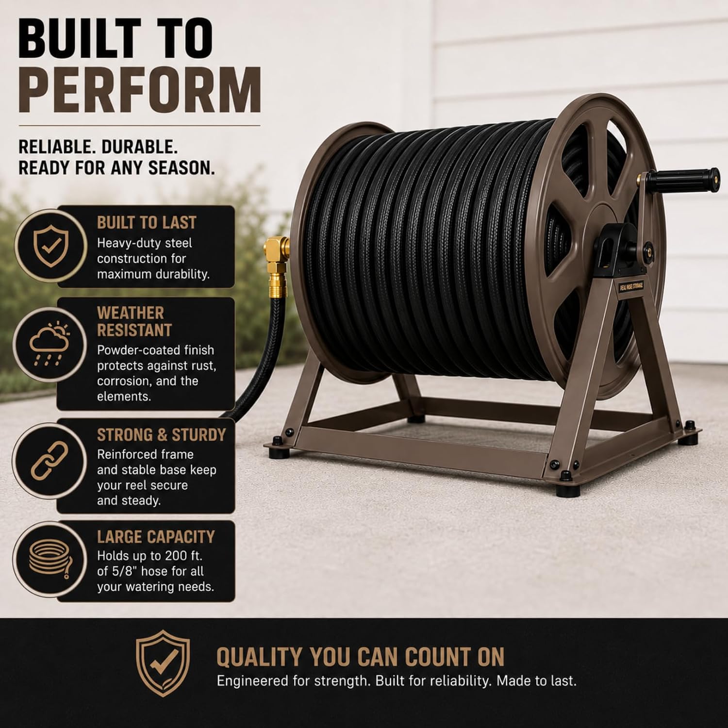 Dual Floor and Wall Mounted Garden Hose Reel, Holds 200ft of Water Hose, Heavy Duty Metal Hose Reel, Space Saving Hose Reel Organizer for Yard, Garage & Shed (Brown)