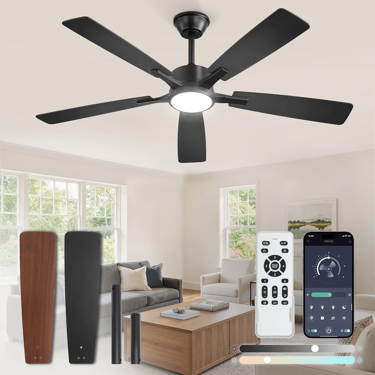 Fanbulous 52 Inch Ceiling Fans with Lights, Black, Remote & APP Control | Stepless CCT & Dimmable, 20W LED, 6-Speed, Timer, Reversible Quiet DC Motor, Quick Setup, for Bedroom, Living Room, Apartment