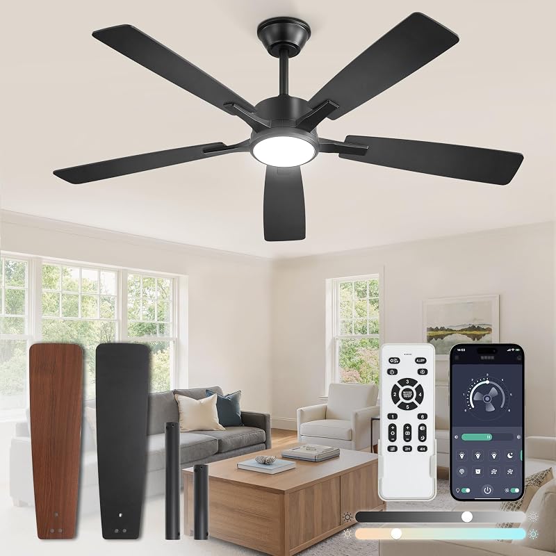 Fanbulous 52 Inch Ceiling Fans with Lights, Black, Remote & APP Control | Stepless CCT & Dimmable, 20W LED, 6-Speed, Timer, Reversible Quiet DC Motor, Quick Setup, for Bedroom, Living Room, Apartment