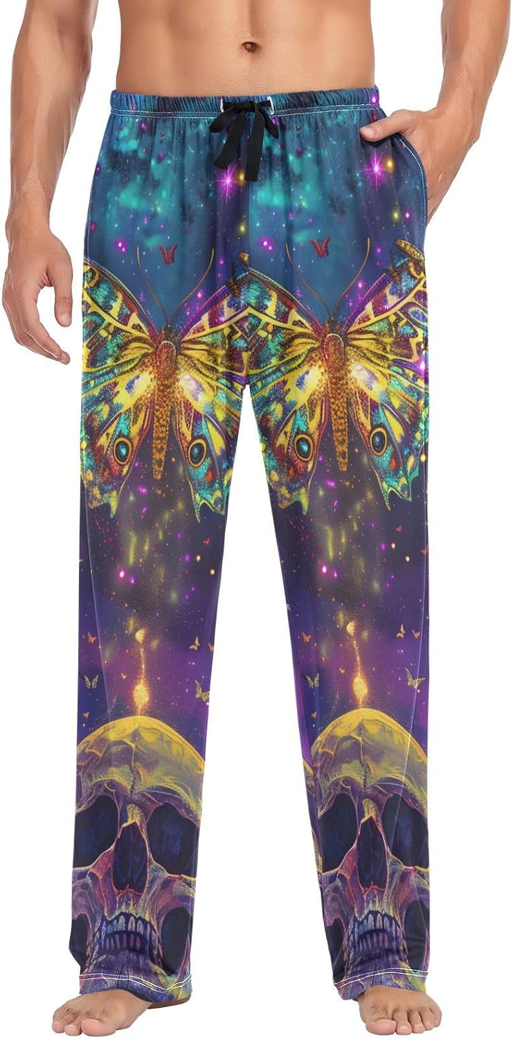ALAZA Skull Betterfly Starry Sky Men's Sleepwear Mens Pajama Pants Bottoms with Pockets, S