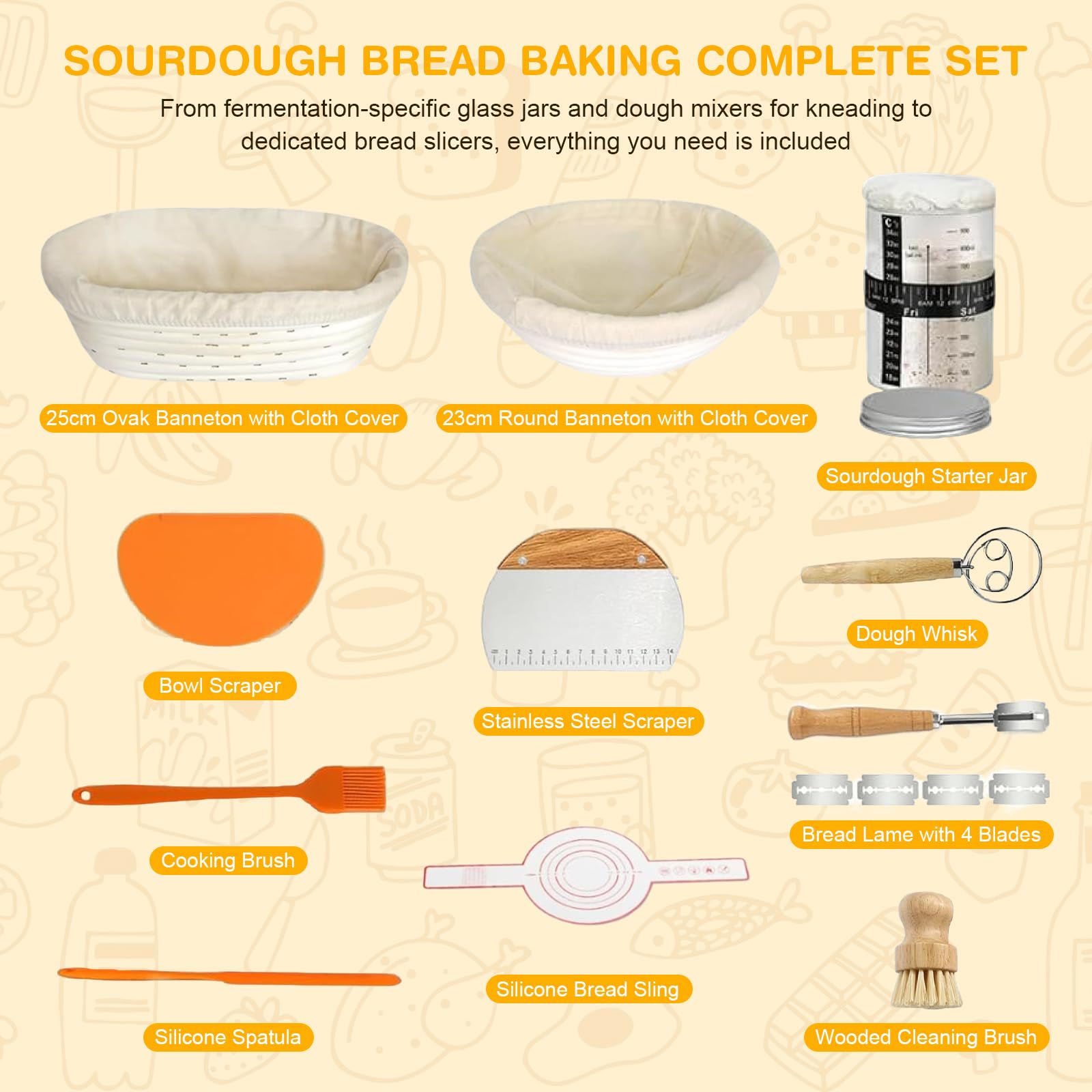 Banneton Pour Pain en Rotin Naturel 16 Pièces Accessoire pour Faire du Pain | Ovale 25cm & Ronde 23cm Banneton avec Starter Jar, Pot à Levain, Accessoire Boulangerie pour Débutants & Professionnels