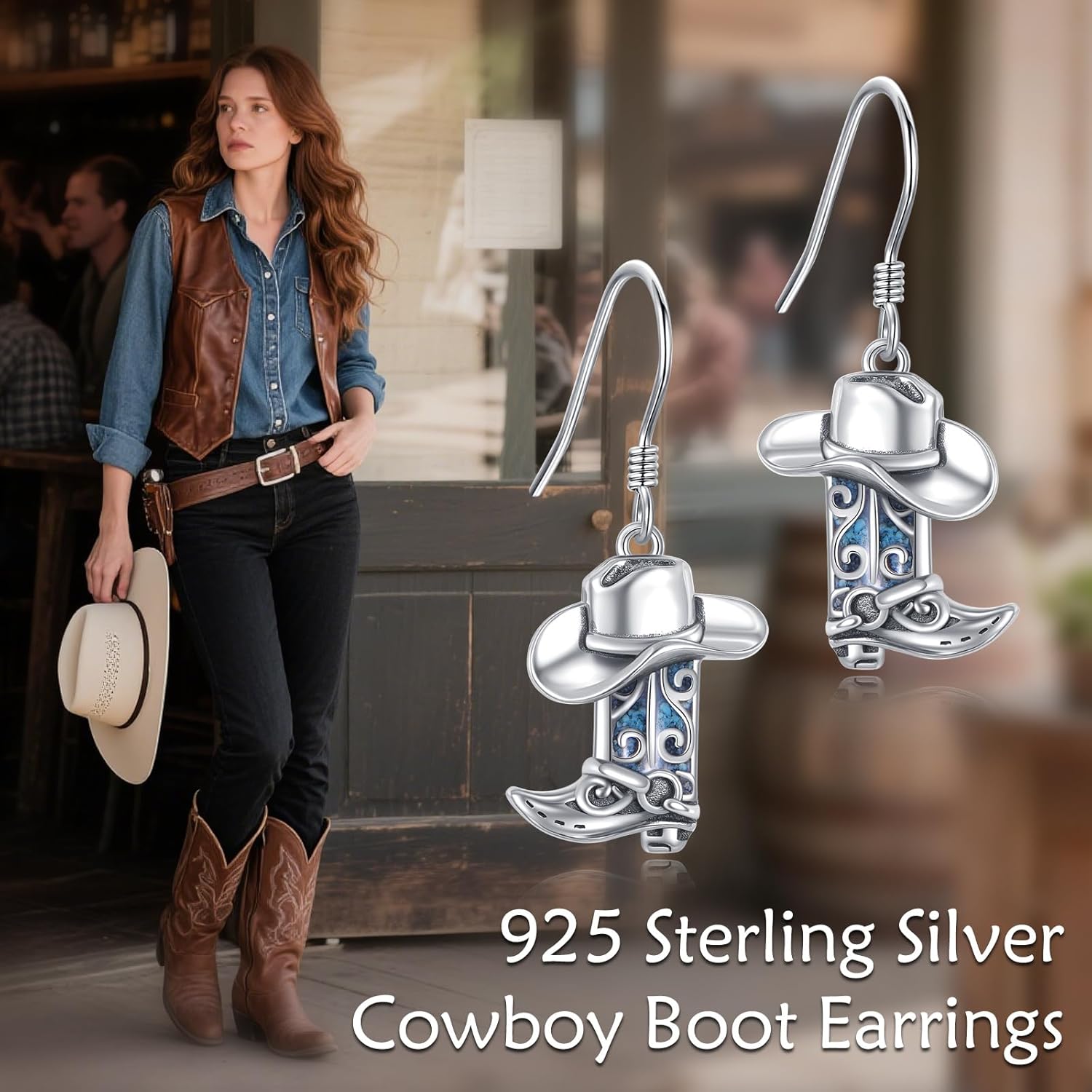 URONE Western Earrings for Women 925 Sterling Silver Turquoise Cowboy Boot Earrings Jewelry Gifts for Cowboy Cowgirl - Image 6