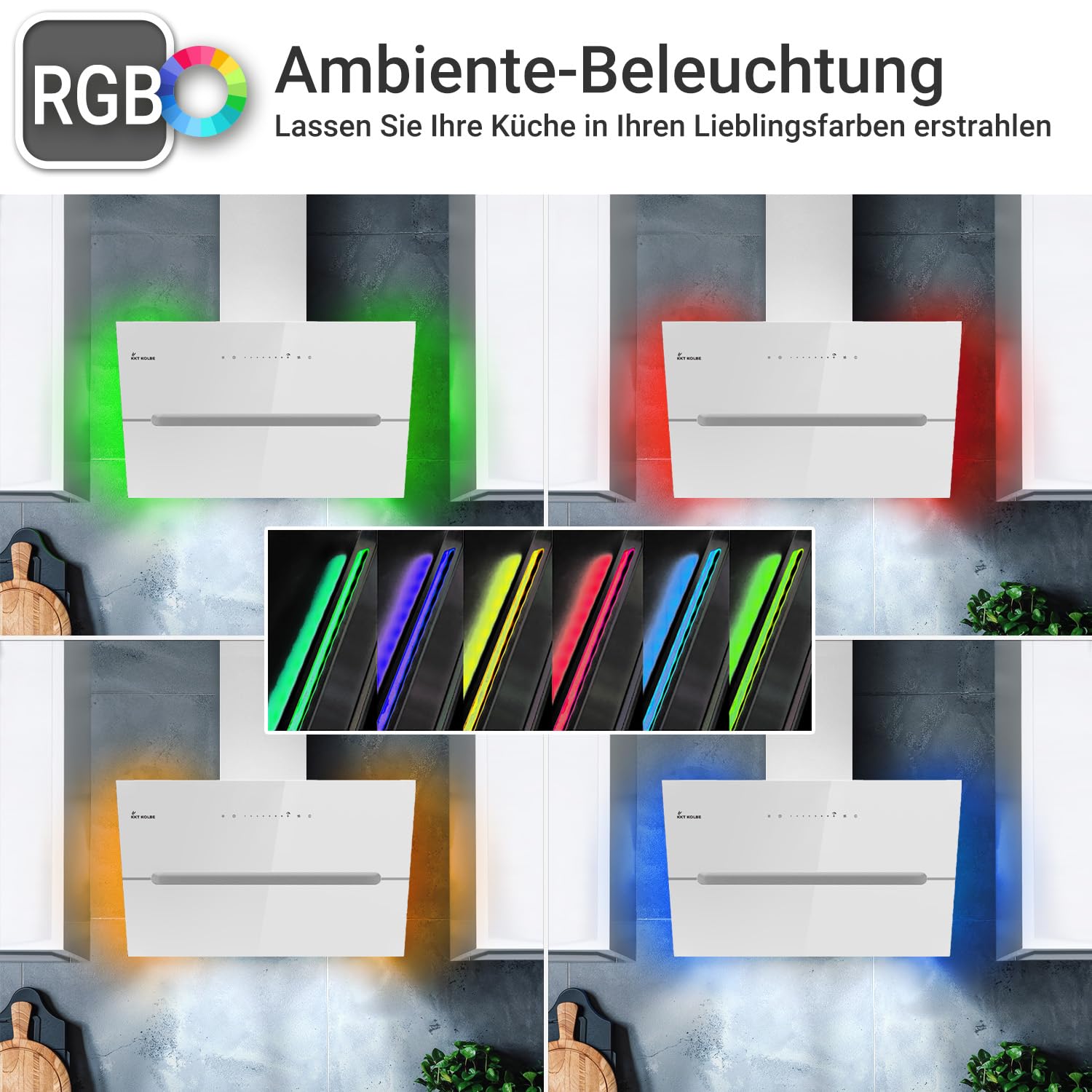 KKT KOLBE Dunstabzugshaube 60 cm 782 cbm/h Umluft Abluft Kopffrei Wandhaube Weiß Glas Smart WiFi WLAN RGBW-LED ECCO6005WM