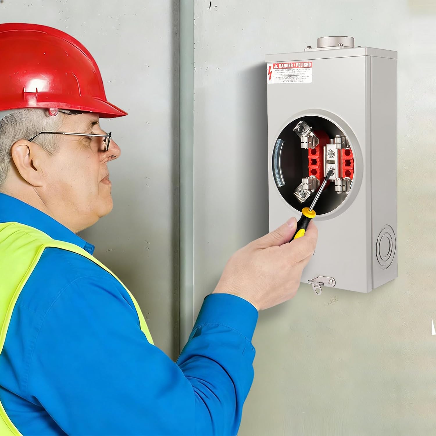 200 Amp Meter Socket, Electrical meter sockets,Meter socket4 Jaw Meter Base, 600V 3 Wire Ringless Type, with Horn Bypass Meter Cover Plate(200A 4Jaw)