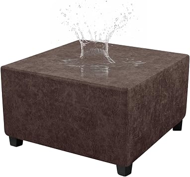 Ottoman Cover Rectangle, PU Leather Ottoman Slipcover Waterproof Storage Ottoman Cover Stretch Non Slip Living Room Furniture Protector-Brown-Large
