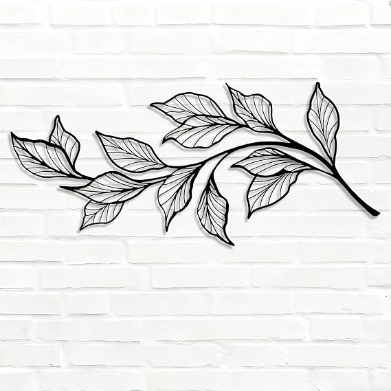 Delicate Leaf Branch Metal Wall Art, Botanical Silhouette Hanging Decor for Living Room Bedroom, Modern Nature-Inspired Metal Wall Decor, Elegant Plant-Themed Accent for Home (Black 30 L x