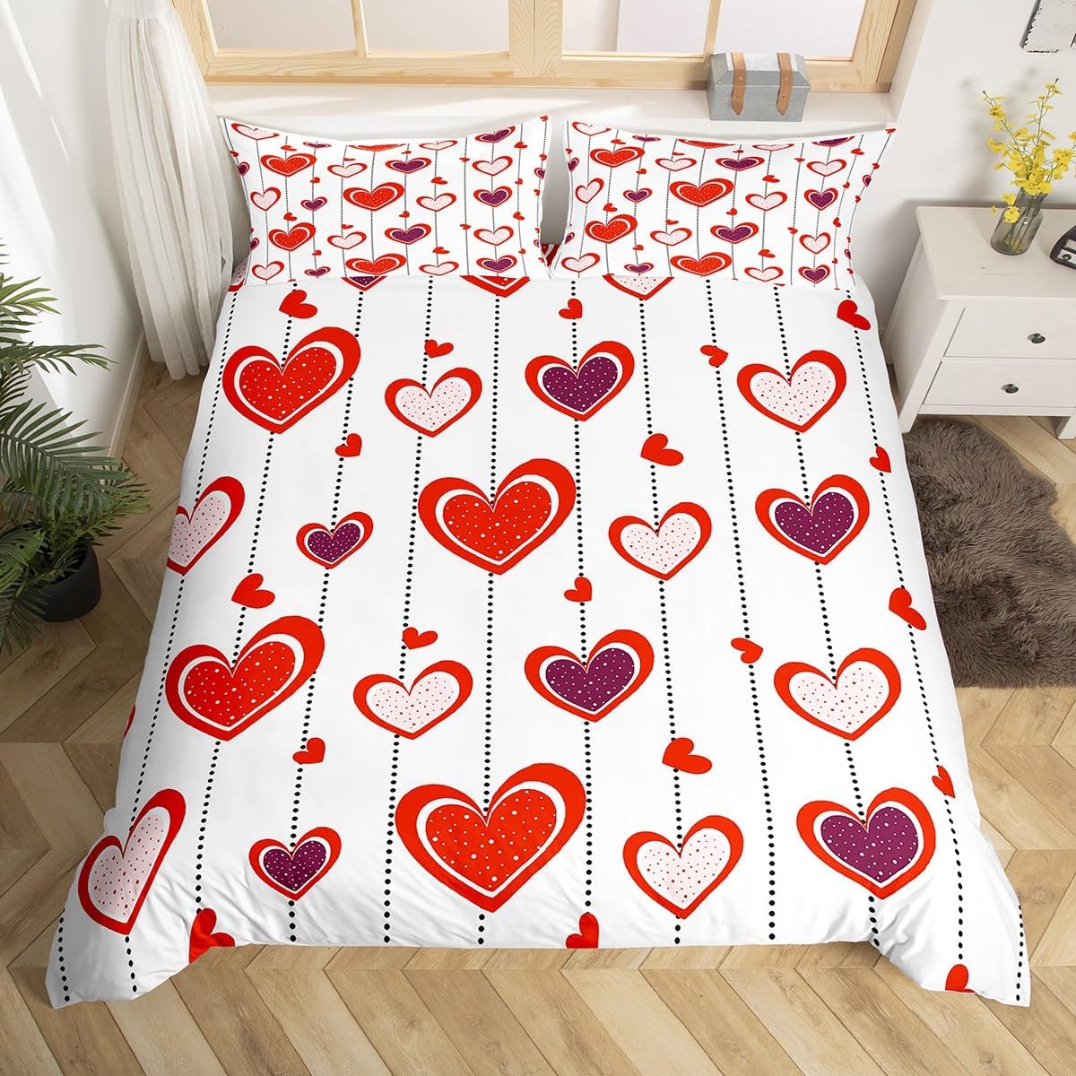 Castle Fairy Heart Print Duvet Cover Set Toddler Size,Romantic Valentine's Day White Reversible Quilt Cover for Kids Boys Girls Colorful Dots Stripes Bedding Set with 1 Pillowcase,No Comforter
