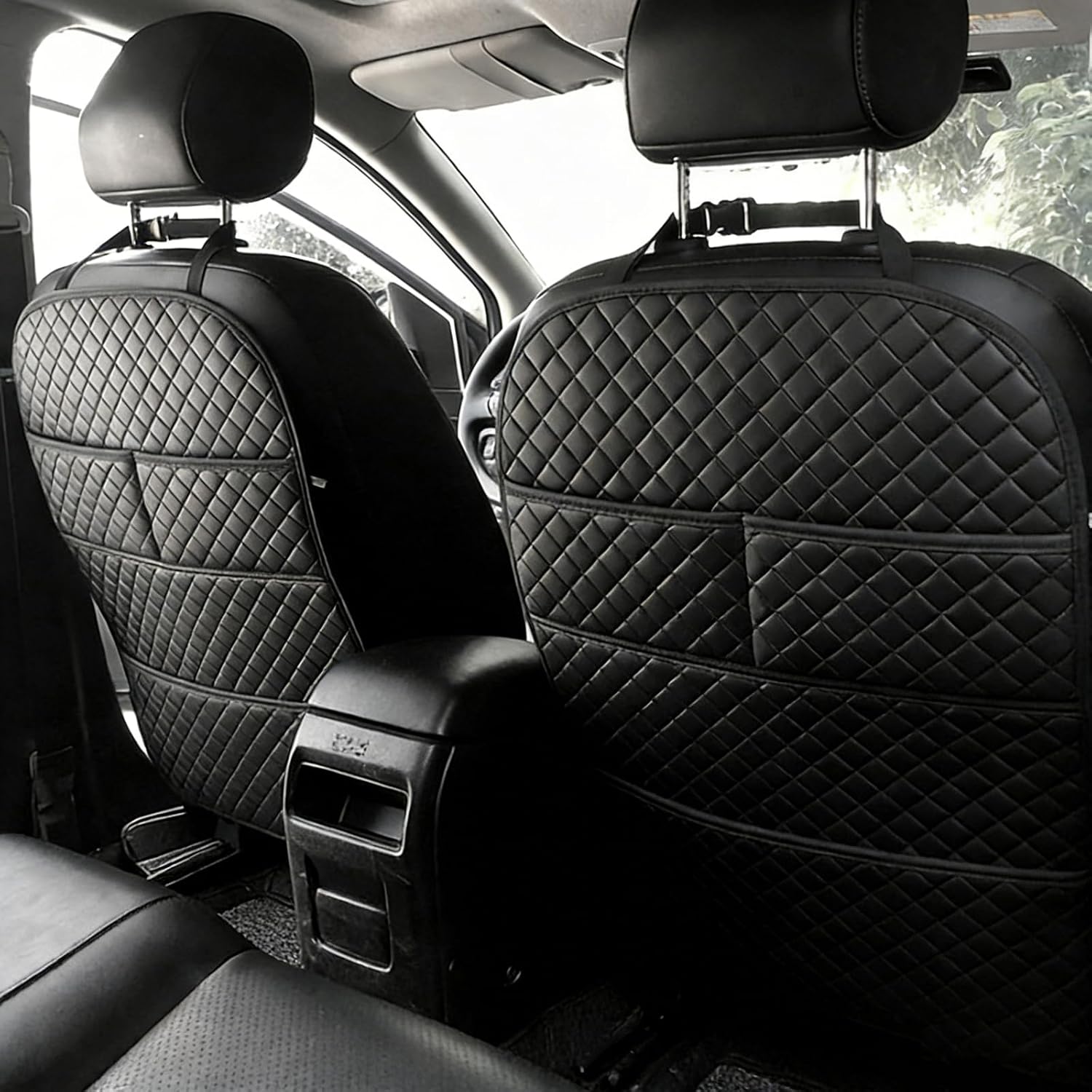 Kick Mats Back Seat Protector, Leather Car Back Seat Cover with Storage Pockets, Seat Back Protector Cover Against Dirty Shoes & Scratches (2)