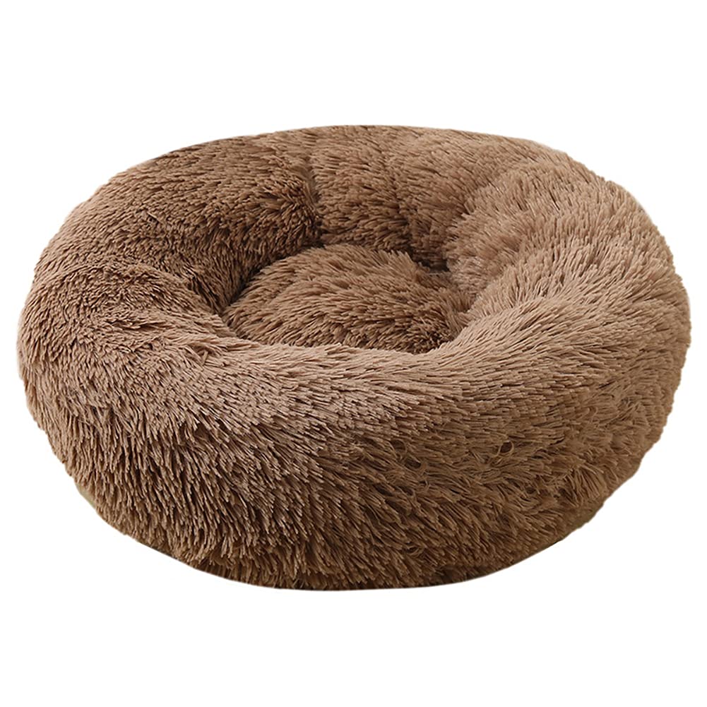 Cozomiz Calming Faux Fur Dog Beds Calming Donut Cuddler Dog Bed Washable Round Cat Bed Pillow Cuddler Fluffy Indoor Dog Calming Beds with Anti Slip Bottom Solid Color Light Coffee 27 Inch