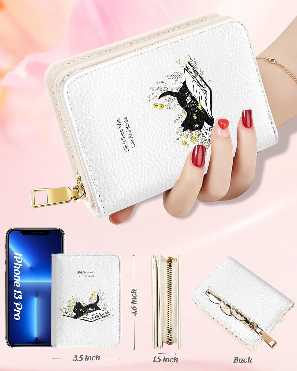 Bistup Credit Card Holder Wallet for Women - Cute Leather Ladies Teen Girls Female Cardholder Wallets Accordion Purse Small Medium Aesthetic Print Cat Unique Modern Rfid Zipper Around - Image 2