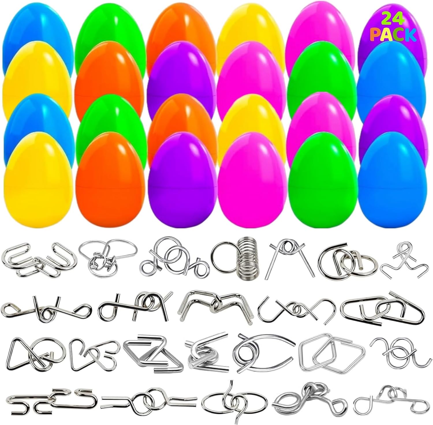 24Pack Prefilled Easter Eggs for Basket Stuffers, Plastic Easter Eggs with Metal Brain Teaser Puzzle Toys for Kids, Gifts for Egg Hunt Game Party Favors