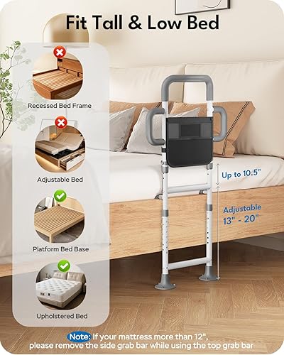 Miniatura 4 de fruui Bed Rails for Elderly Adults Safety, ASTM Approved Adjustable Bedside Assist Rail for Seniors with 3 Ergonomic Grab Bar, 350LBs Weight