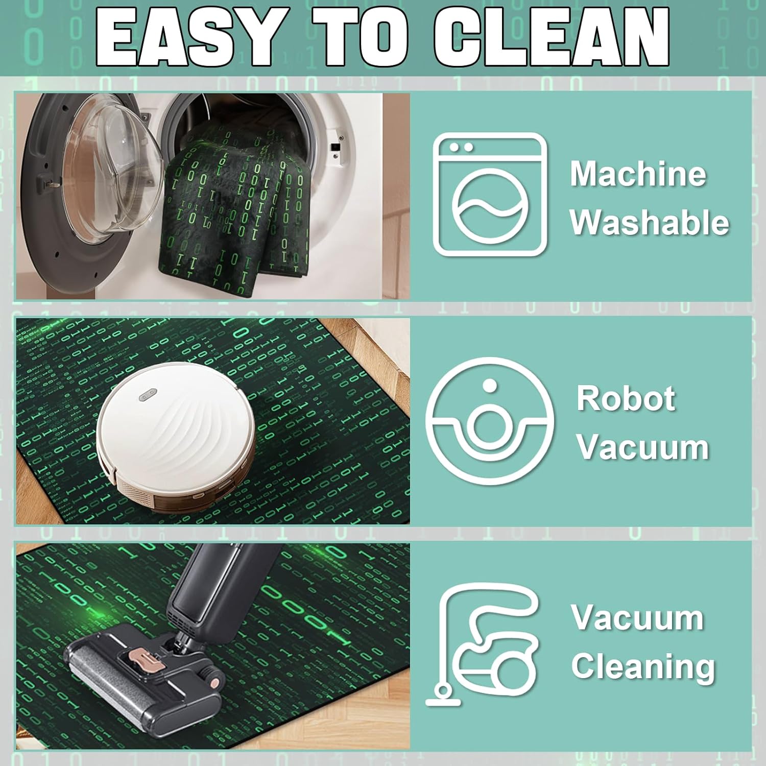 Washable Game Area Rug, Binary Code Design Gaming Programmer Teen Carpet Rug Doormat, Faux Wool Non-Slip Low-Pile Floor Carpet for Computer Bedroom Indoor Front Entrance Living Room Office (70" x 55")