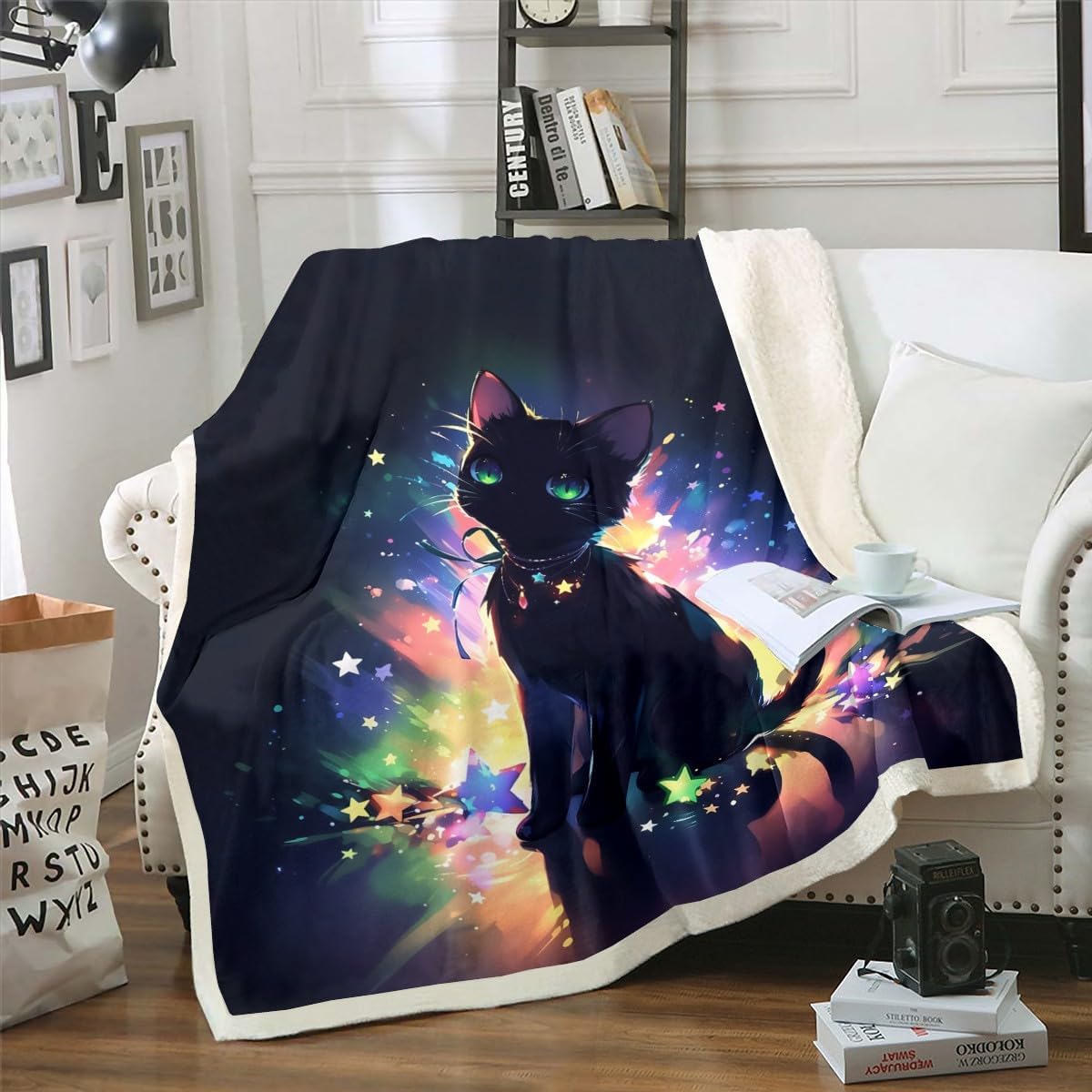 Feelyou Black Cat Fleece Throw Blanket Queen 90"x90" Cute Kitten Sherpa Blanket for Boys Girls Teens Bedroom Decor Star Cat Plush Blanket Women Men Animals Fuzzy Blanket image 5