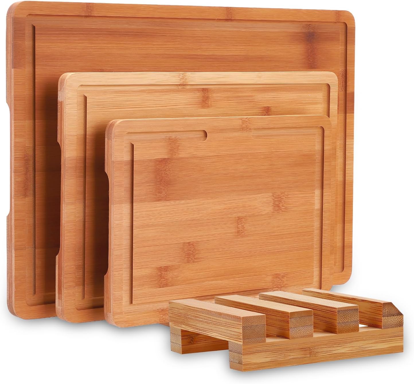 Bamboo Chopping Board Set with Stand,3 Piece Chopping Board Set with Juice Groove & Oil, FSC-Certified Wooden Cutting Boards for Meat and Vegetables