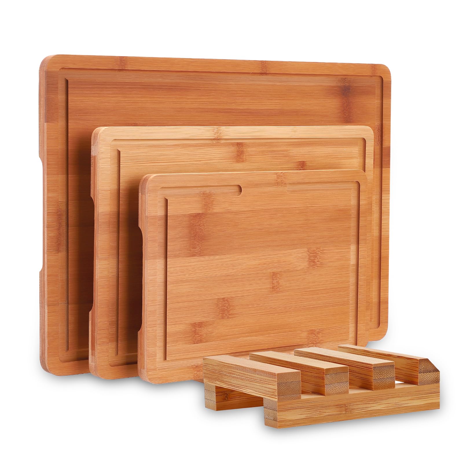 Bamboo Chopping Board Set with Stand,3 Piece Chopping Board Set with Juice Groove & Oil, FSC-Certified Wooden Cutting Boards for Meat and Vegetables