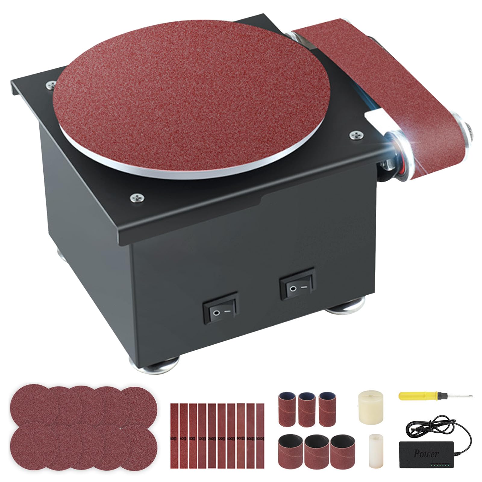 Ponceuse à bande et à disque, ponceuse à bande électrique, vitesse réglable, diamètre du plateau de ponçage 150 mm, ponceuse à bande, livrée avec 10 feuilles de papier abrasif et 10 bandes abrasives
