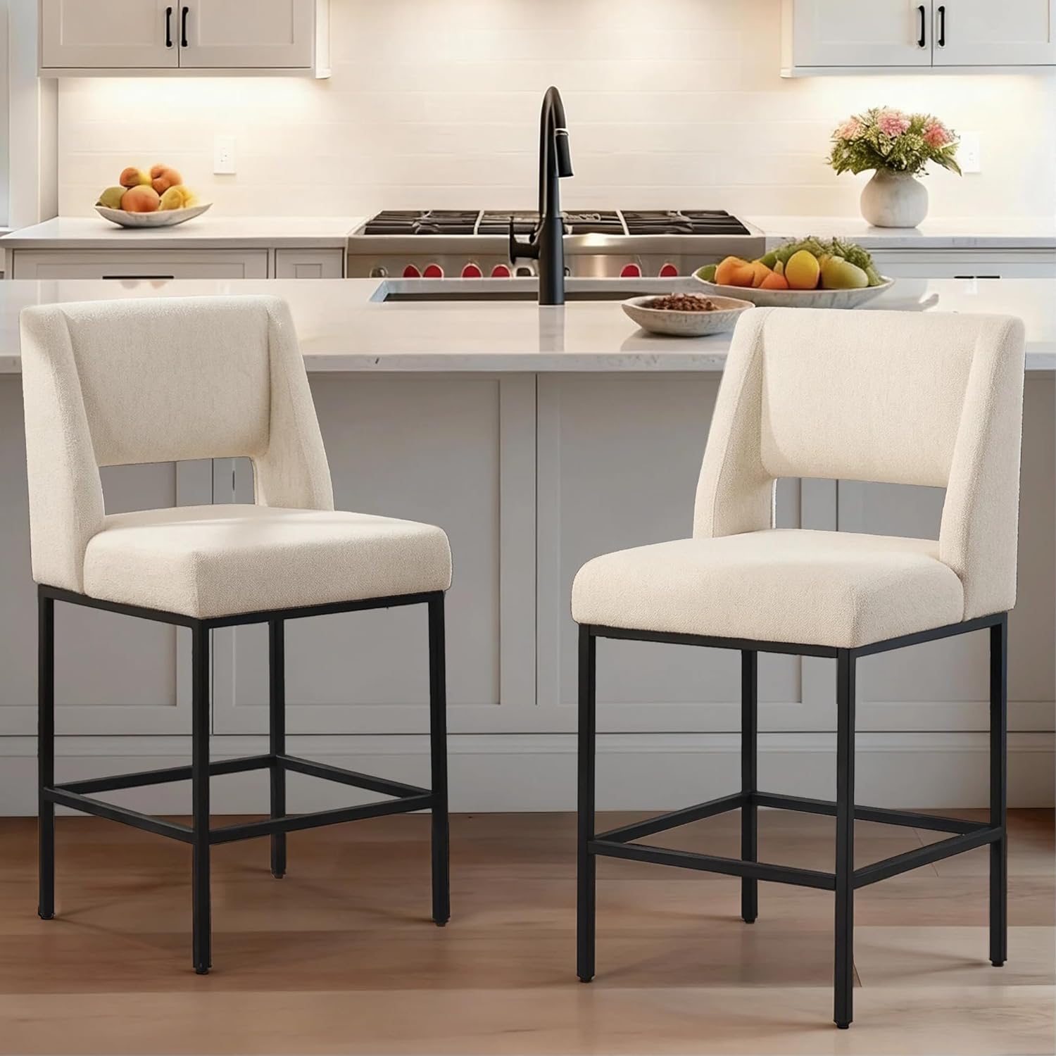 Zesthouse Upholstered Counter Height Stools Set of 2, Linen Fabric Bar Stools with Backs, 26" Modern Counter Height Chairs for Kitchen Island, Luxury Metal Barstools with Extra Thick Cushion, Beige