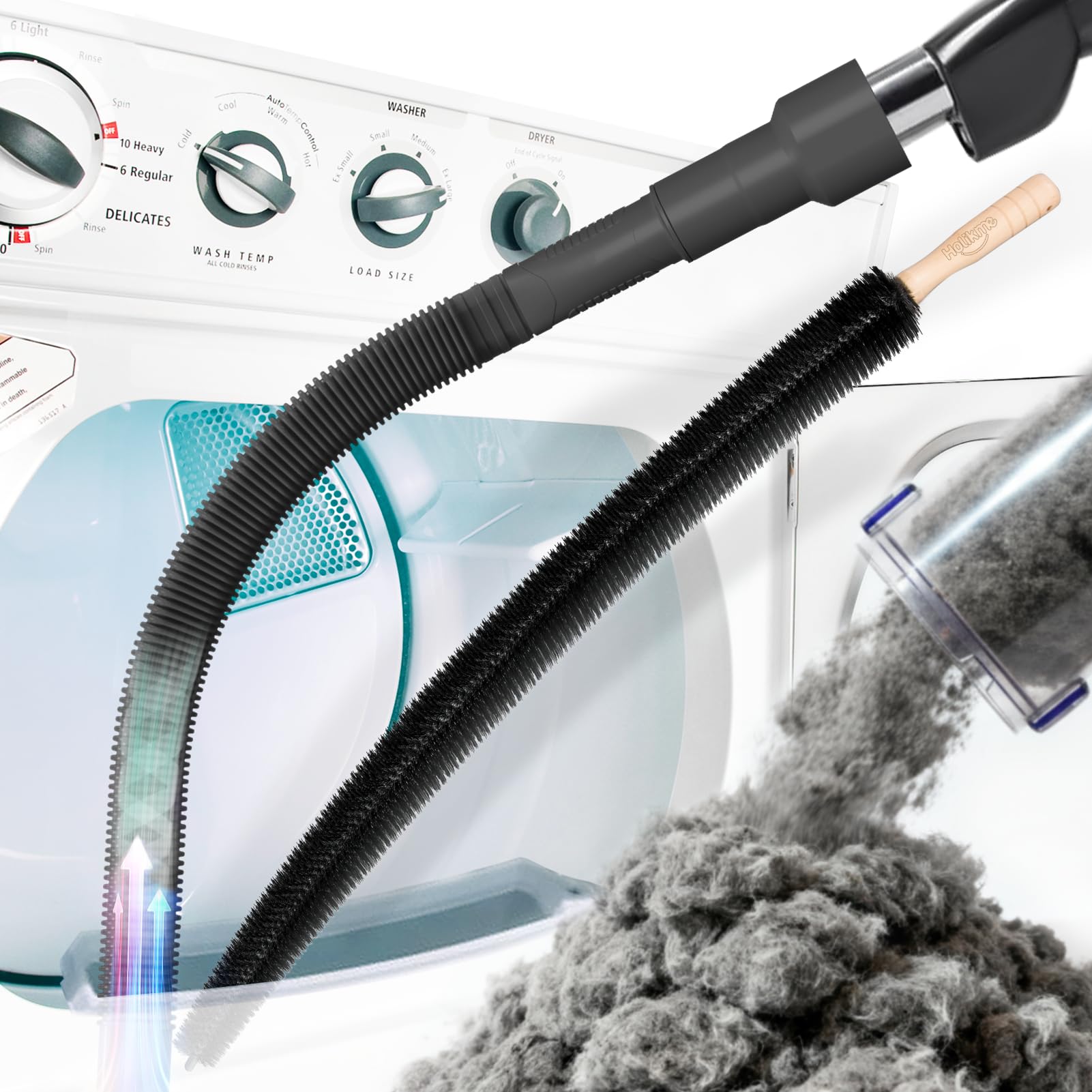 Holikme 2 Pieces Dryer Vent Cleaner Kit, Dryer Lint Vacuum Attachment and Flexible Dryer Lint Brush, Dryer Vent Vacuum Hose Attachment,Black