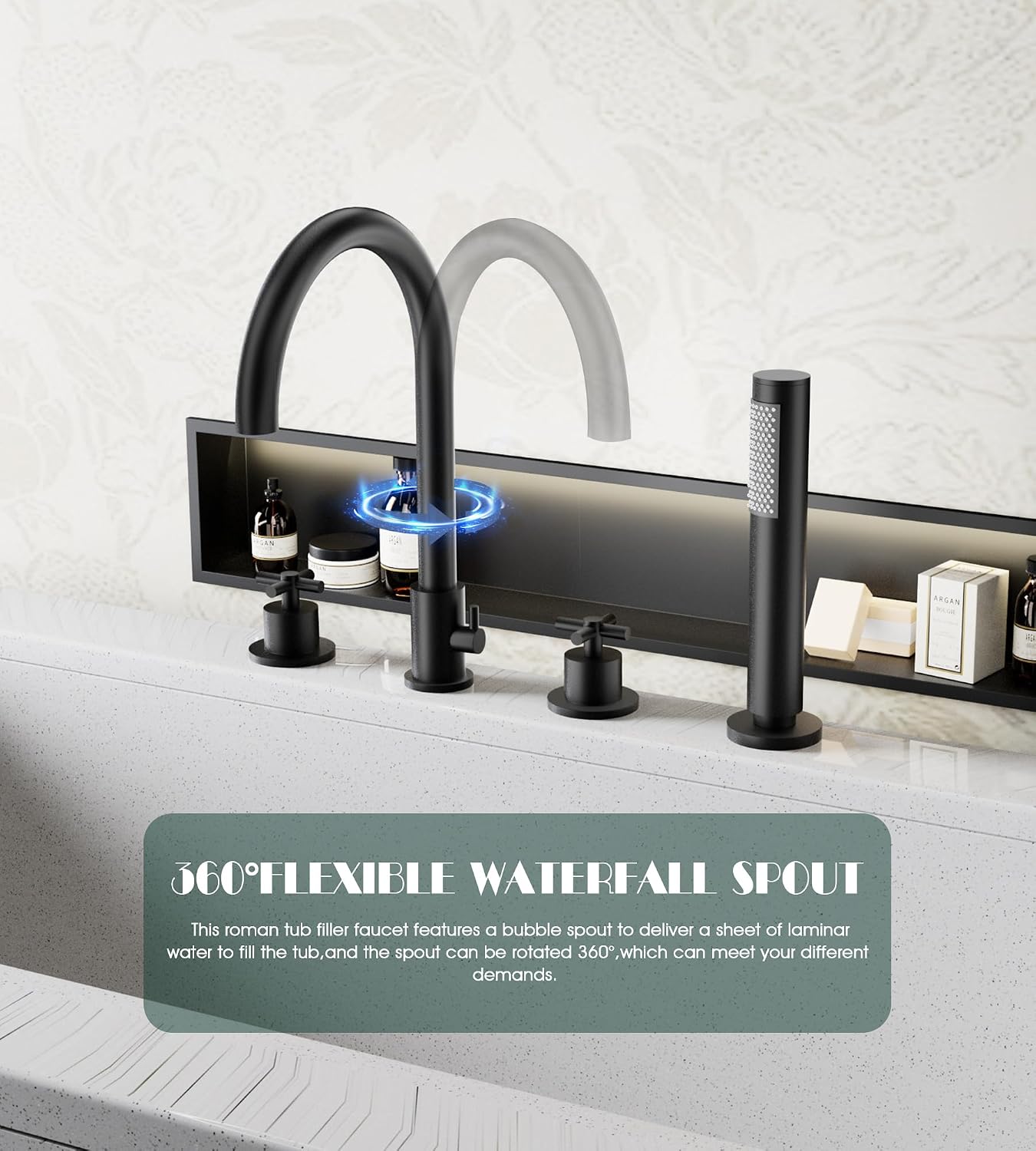Roman Tub Faucet with Handheld Shower, 2 Handles 4-Hole High Arc Waterfall Deck Mount Bathtub Faucet, Solid Brass Bathtub Faucet Set with Rough-in Valve (Matte Black)
