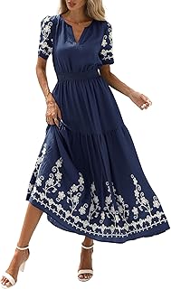 Women's Summer Boho Maxi Dress 2026 Spring Floral Short Sleeve V Neck A Line Flowy Beach Wedding Guest Dresses