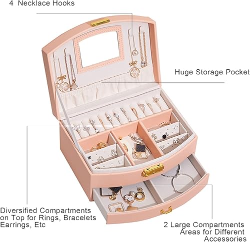 Miniatura 4 de U-D Cajas organizadoras de joyas para mujer, 2 capas, con bandeja desmontable y cajón (rosa)