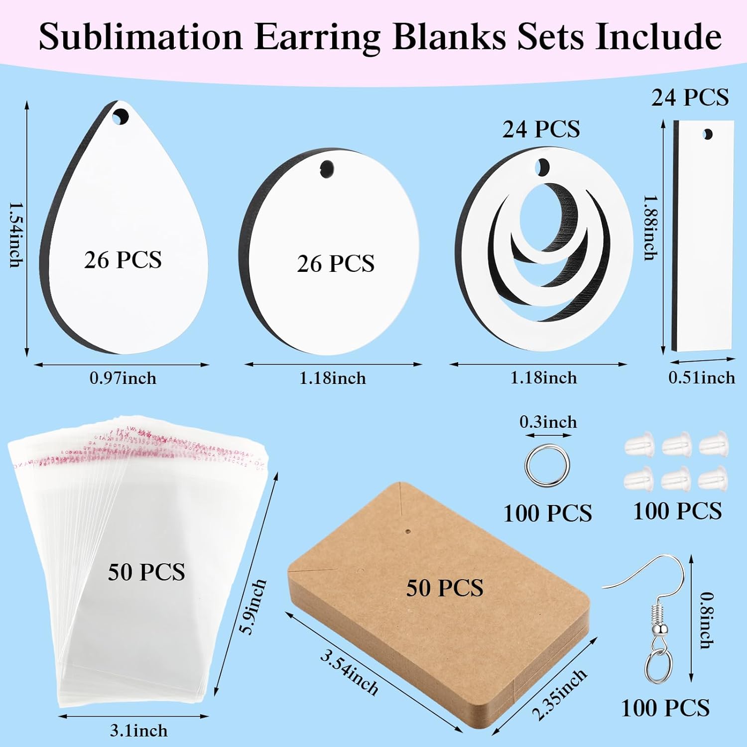 Riceshoot 400 Pieces Sublimation Earring Blanks Bulk with Hooks, Jump Rings, Ear Plugs, Cards Holder and Transparent Packaging Bags Unfinished MDF Earrings for DIY Making - Image 2