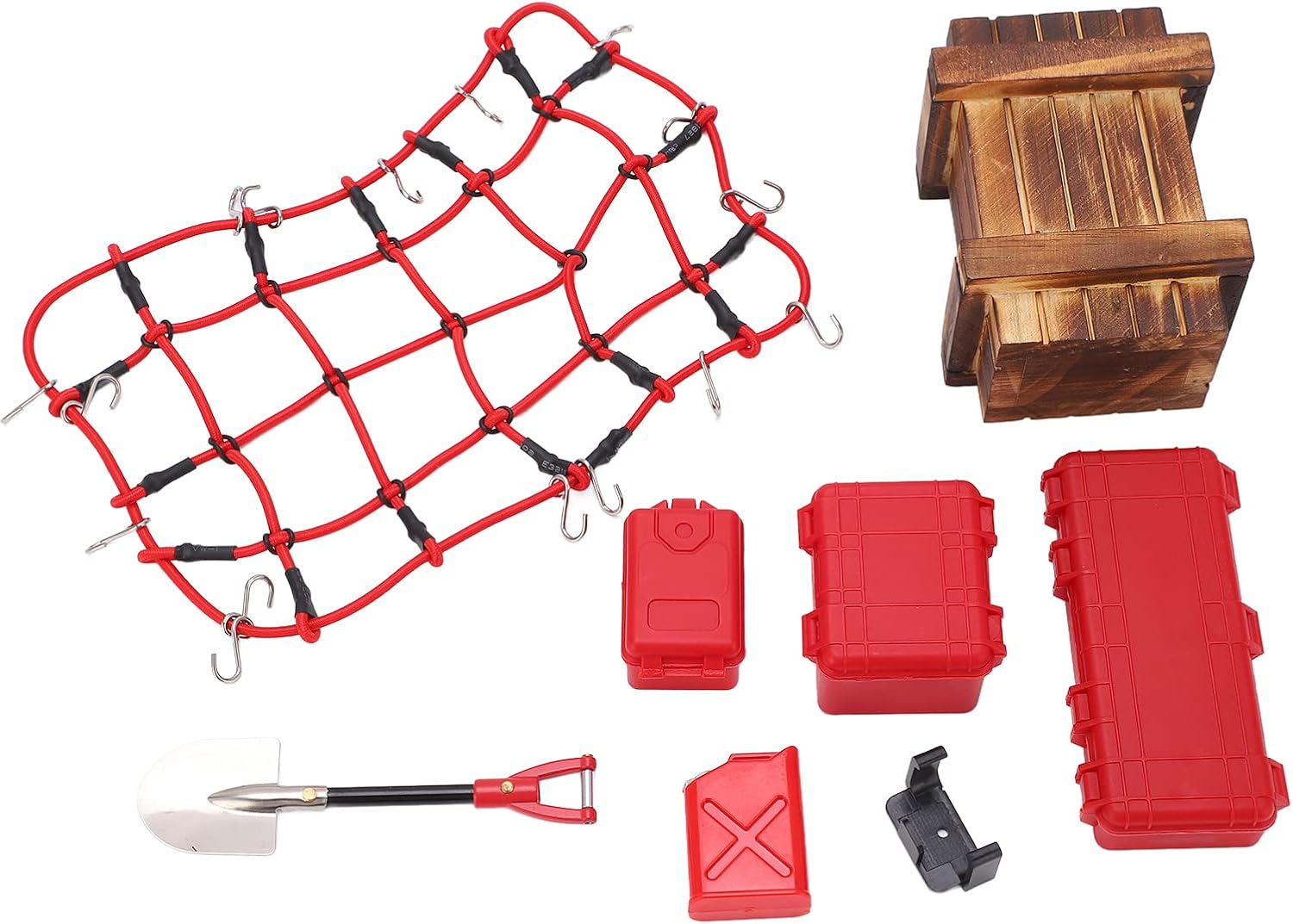 1/10 RC Car Simulated Decoration Tools Suitcase Luggage Net Shovel Set Premium Plastic Wood Aluminum Alloy Accessories for SCX10 90046 90047 Climbing Car (Red)