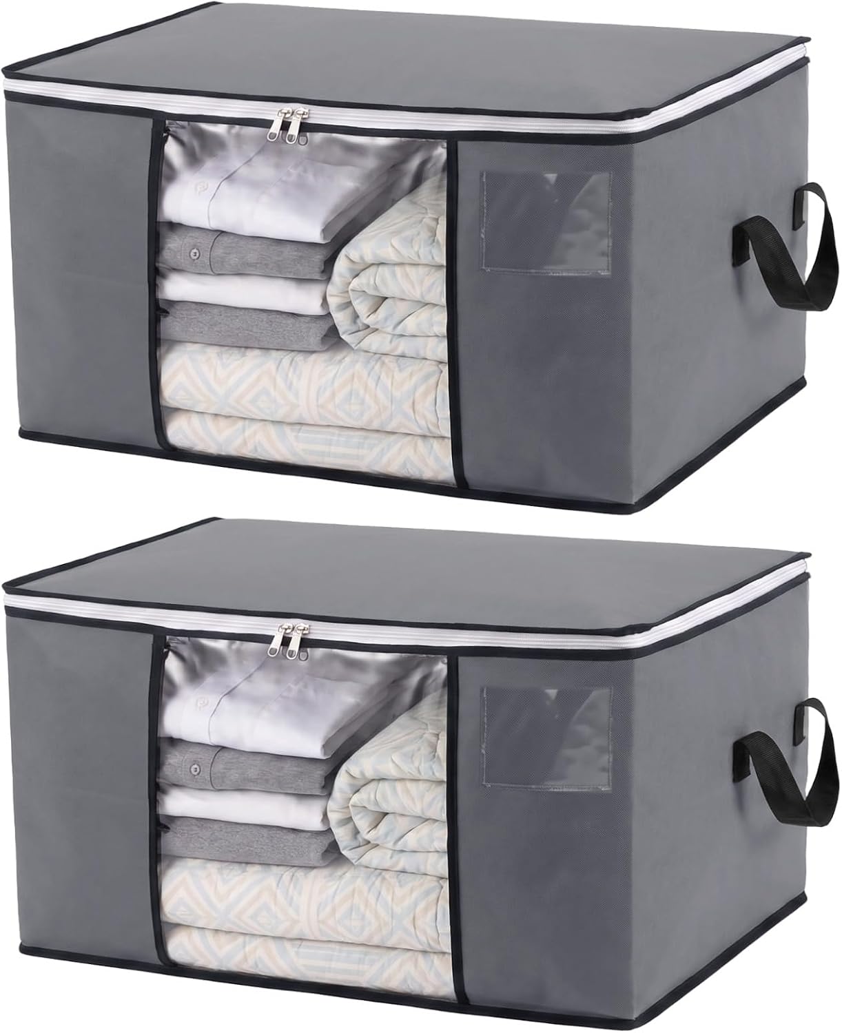 Joyibay Canvas Storage Bags Organizer for Comforters 2 Pack Foldable Seasonal Storage with Zip Window for Pillows, Blankets, Linens Garments