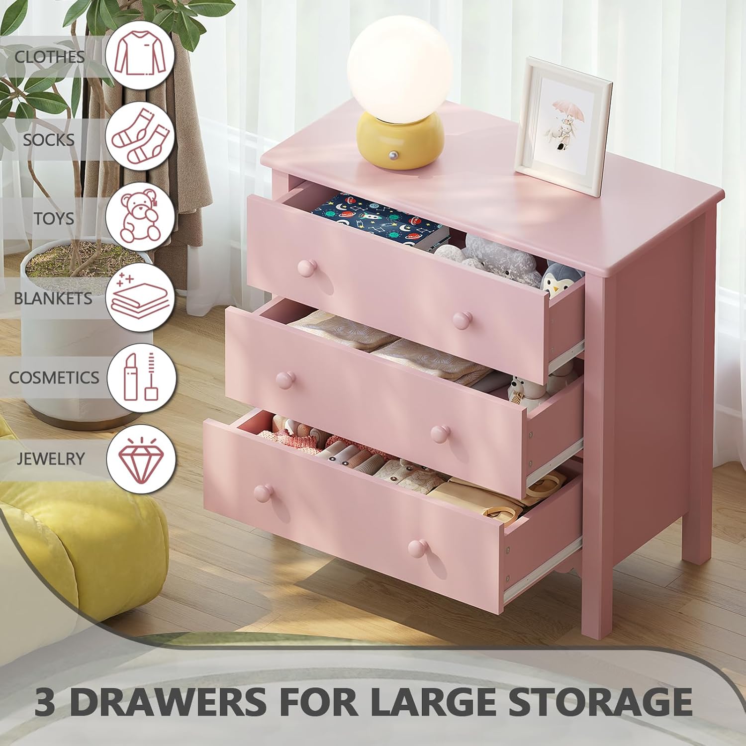 Vikiullf Large Nightstand with 3 Drawers, Pink, Engineered Wood, 27.56 x 13.78 x 26.97 inches (Pink)